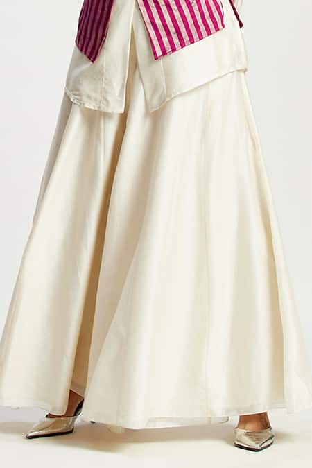 Buy Madder Much Ivory Chanderi Silk, Margo Stripe Pattern Asymmetrical Vest With Flared Pant Online at Aza Fashions Buy_Madder Much_Ivory Chanderi Silk, Margo Stripe Pattern Asymmetrical Vest With Flared Pant _Online_at_Aza_Fashions