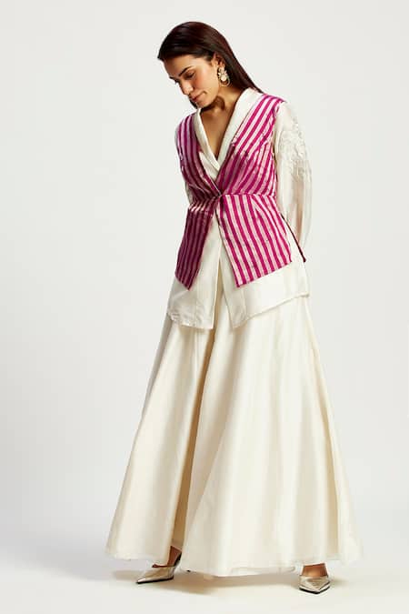 Shop Madder Much Ivory Chanderi Silk, Margo Stripe Pattern Asymmetrical Vest With Flared Pant Online at Aza Fashions Shop_Madder Much_Ivory Chanderi Silk, Margo Stripe Pattern Asymmetrical Vest With Flared Pant _Online_at_Aza_Fashions