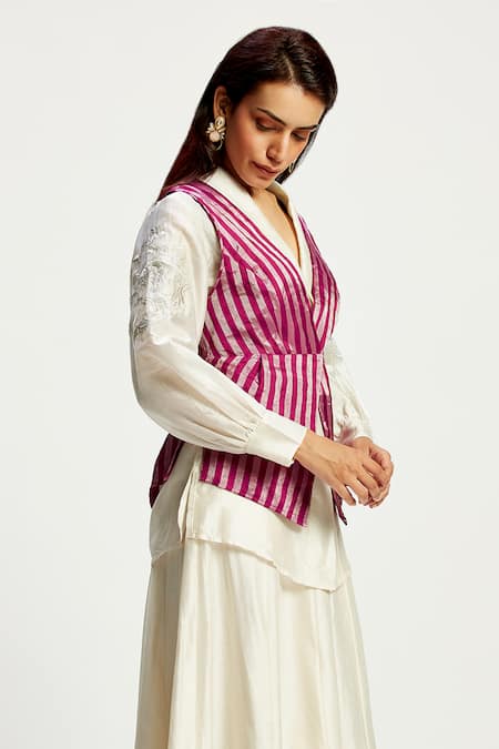 Madder Much Ivory Chanderi Silk, Margo Stripe Pattern Asymmetrical Vest With Flared Pant at Aza Fashions Madder Much_Ivory Chanderi Silk, Margo Stripe Pattern Asymmetrical Vest With Flared Pant _at_Aza_Fashions