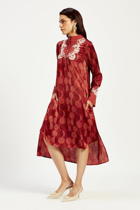 Madder Much_Maroon Chanderi Silk, Cotton Embroidery, Marj Moon Handwoven High Low Dress _Online_at_Aza_Fashions