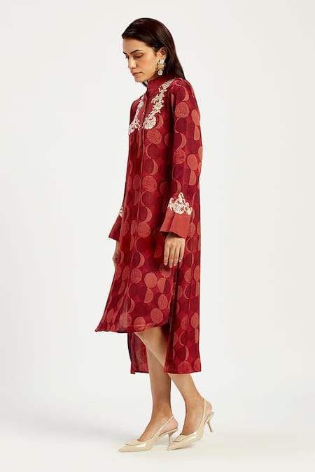 Buy_Madder Much_Maroon Chanderi Silk, Cotton Embroidery, Marj Moon Handwoven High Low Dress _Online_at_Aza_Fashions
