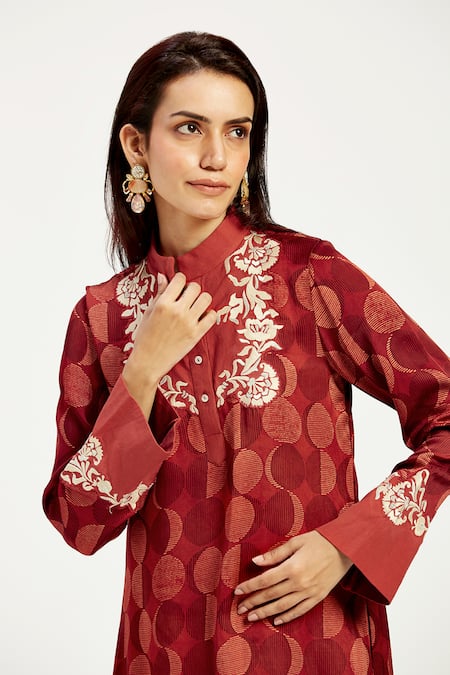 Shop_Madder Much_Maroon Chanderi Silk, Cotton Embroidery, Marj Moon Handwoven High Low Dress _Online_at_Aza_Fashions