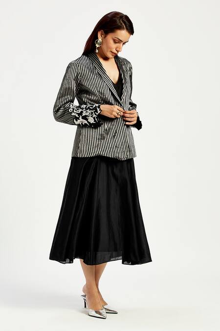 Madder Much Black Chanderi Embroidery Parker Stripe Pattern Handwoven Blazer Online at Aza Fashions Madder Much_Black Chanderi Embroidery Parker Stripe Pattern Handwoven Blazer _Online_at_Aza_Fashions