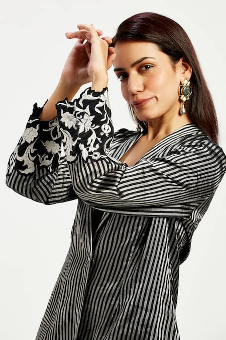 Buy Madder Much Black Chanderi Embroidery Parker Stripe Pattern Handwoven Blazer Online at Aza Fashions Buy_Madder Much_Black Chanderi Embroidery Parker Stripe Pattern Handwoven Blazer _Online_at_Aza_Fashions