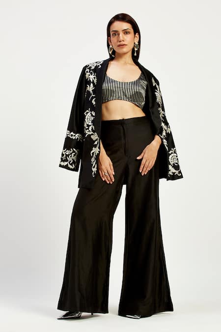 Madder Much Black Chanderi, Cotton Embroidery Ebony Tendril Blazer Online at Aza Fashions Madder Much_Black Chanderi, Cotton Embroidery Ebony Tendril Blazer _Online_at_Aza_Fashions