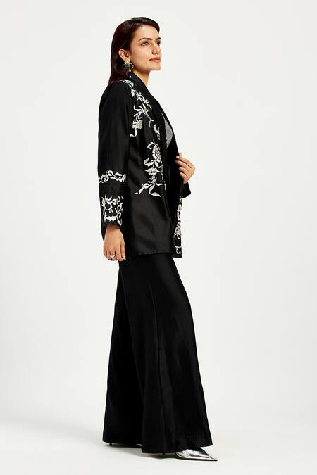 Buy Madder Much Black Chanderi, Cotton Embroidery Ebony Tendril Blazer Online at Aza Fashions Buy_Madder Much_Black Chanderi, Cotton Embroidery Ebony Tendril Blazer _Online_at_Aza_Fashions
