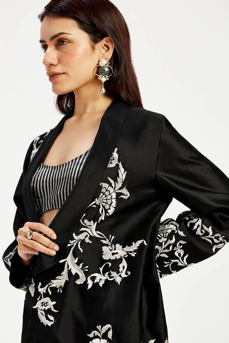 Shop Madder Much Black Chanderi, Cotton Embroidery Ebony Tendril Blazer Online at Aza Fashions Shop_Madder Much_Black Chanderi, Cotton Embroidery Ebony Tendril Blazer _Online_at_Aza_Fashions