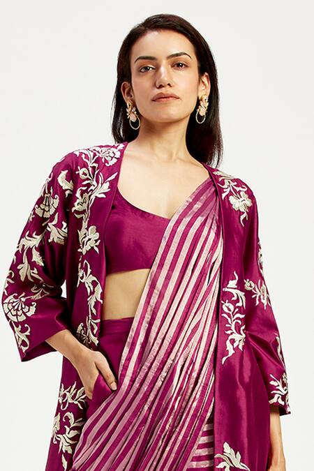 Madder Much Purple Chanderi Embroidery Open Neck Dani Techno Floral Jacket Online at Aza Fashions Madder Much_Purple Chanderi Embroidery Open Neck Dani Techno Floral Jacket _Online_at_Aza_Fashions