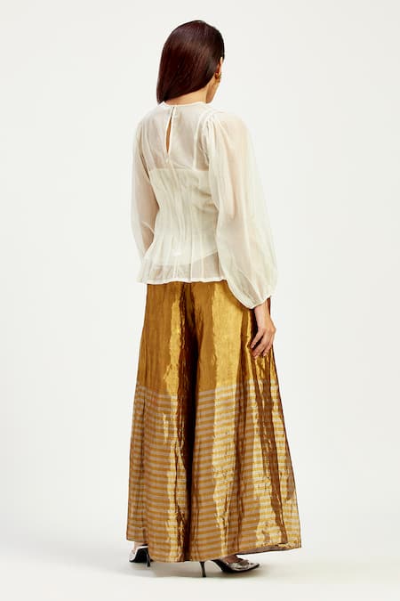 Shop Madder Much Gold Chanderi Vettri Peeking Sun Stripe Pattern Trouser at Aza Fashions Shop_Madder Much_Gold Chanderi Vettri Peeking Sun Stripe Pattern Trouser _at_Aza_Fashions