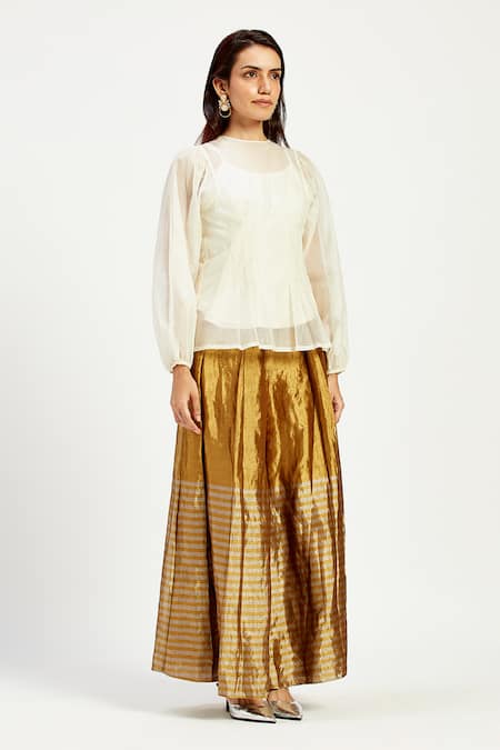 Buy Madder Much Gold Chanderi Vettri Peeking Sun Stripe Pattern Trouser Online at Aza Fashions Buy_Madder Much_Gold Chanderi Vettri Peeking Sun Stripe Pattern Trouser _Online_at_Aza_Fashions
