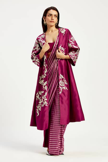 Buy_Madder Much_Purple Chanderi Silk, Cotton Round Dani Techno Floral Pant Saree With Blouse _Online_at_Aza_Fashions