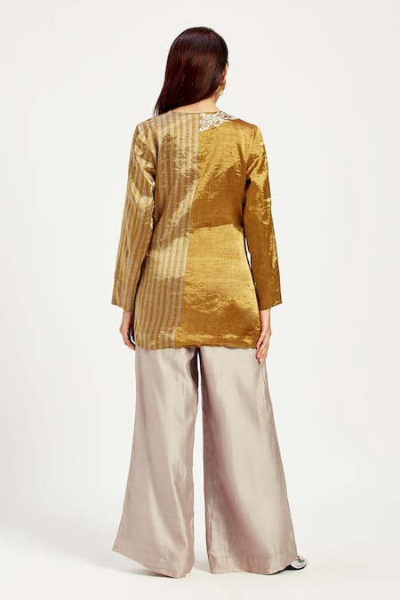 Shop_Madder Much_Gold Chanderi Embroidery Cusco Bow Tie Up Blazer _at_Aza_Fashions