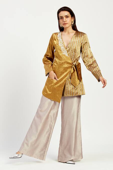 Madder Much_Gold Chanderi Embroidery Cusco Bow Tie Up Blazer _Online_at_Aza_Fashions