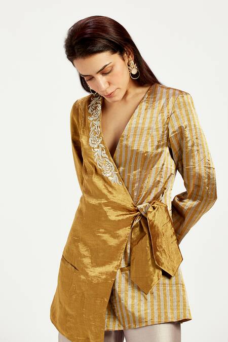 Shop_Madder Much_Gold Chanderi Embroidery Cusco Bow Tie Up Blazer _Online_at_Aza_Fashions