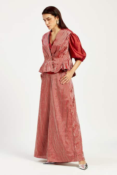 Madder Much_Red Silk, Cotton Agra Box Pleats Waistcoat And Retro Pant Set _Online_at_Aza_Fashions