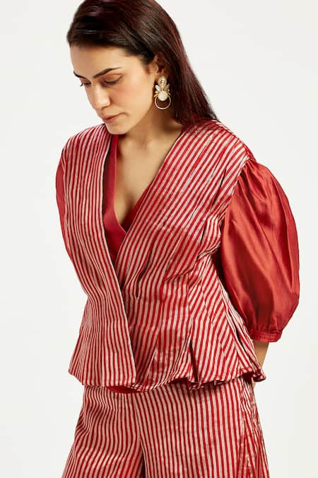 Buy_Madder Much_Red Silk, Cotton Agra Box Pleats Waistcoat And Retro Pant Set _Online_at_Aza_Fashions