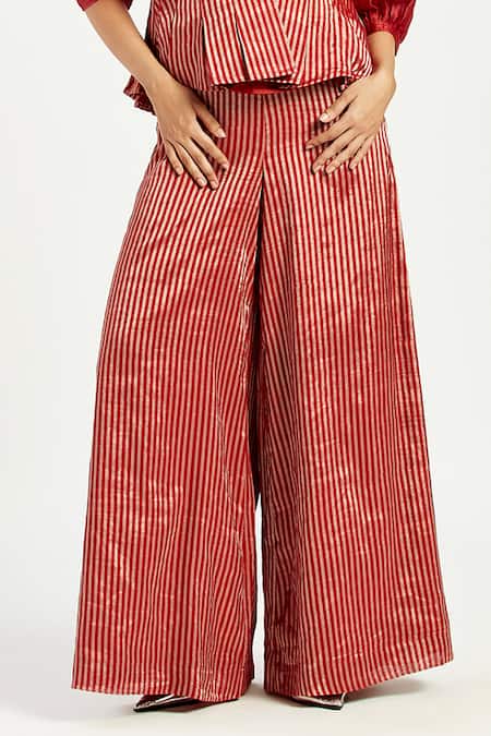 Shop_Madder Much_Red Silk, Cotton Agra Box Pleats Waistcoat And Retro Pant Set _Online_at_Aza_Fashions