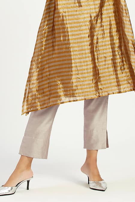 Madder Much_Gold Chanderi Silk, Cotton Nambia Floral Sun Elegant Tunic With Pant _Online_at_Aza_Fashions