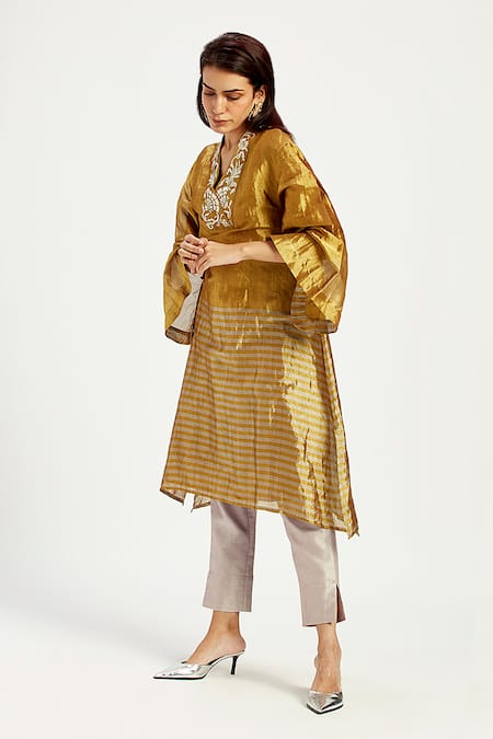 Buy_Madder Much_Gold Chanderi Silk, Cotton Nambia Floral Sun Elegant Tunic With Pant _Online_at_Aza_Fashions