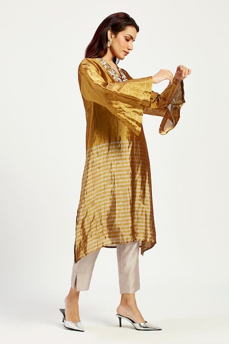 Shop_Madder Much_Gold Chanderi Silk, Cotton Nambia Floral Sun Elegant Tunic With Pant _Online_at_Aza_Fashions