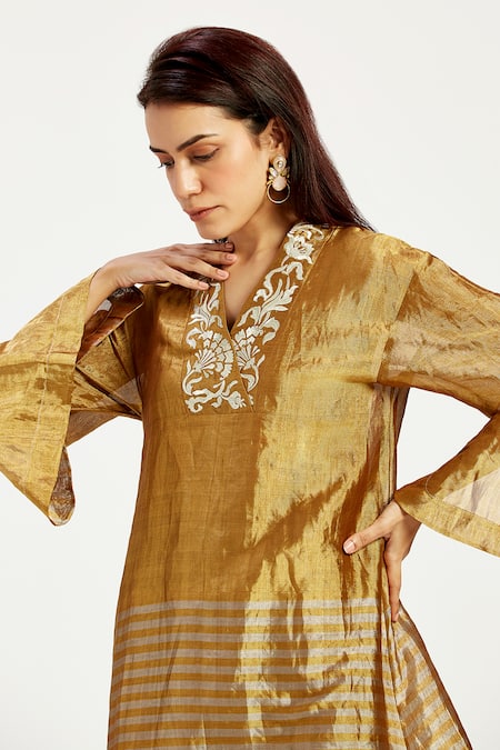 Madder Much_Gold Chanderi Silk, Cotton Nambia Floral Sun Elegant Tunic With Pant _at_Aza_Fashions