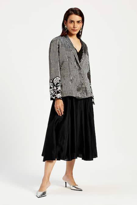 Madder Much_Black Chanderi Silk, Cotton, Parker Stripe Pattern Handwoven Blazer With Dress _Online_at_Aza_Fashions