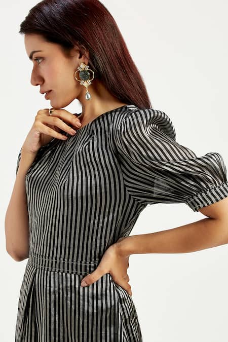 Madder Much_Black Chanderi Silk, , Handloom Zari Rita Little Pattern Dress _Online_at_Aza_Fashions