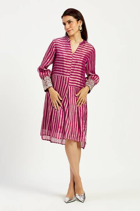 Madder Much_Pink Chanderi Silk Embroidery Bandeau Neck Simona The Tetris High Low Dress _Online_at_Aza_Fashions