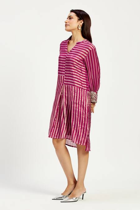 Buy_Madder Much_Pink Chanderi Silk Embroidery Bandeau Neck Simona The Tetris High Low Dress _Online_at_Aza_Fashions