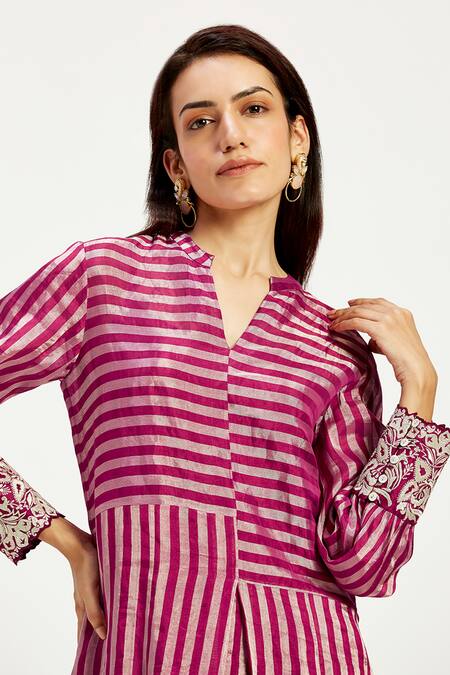 Shop_Madder Much_Pink Chanderi Silk Embroidery Bandeau Neck Simona The Tetris High Low Dress _Online_at_Aza_Fashions