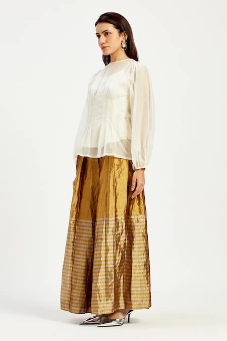 Shop Madder Much Gold Chanderi Silk, Cotton Round Vettri Soft Cloud Top With Peeking Sun Trouser Online at Aza Fashions Shop_Madder Much_Gold Chanderi Silk, Cotton Round Vettri Soft Cloud Top With Peeking Sun Trouser _Online_at_Aza_Fashions