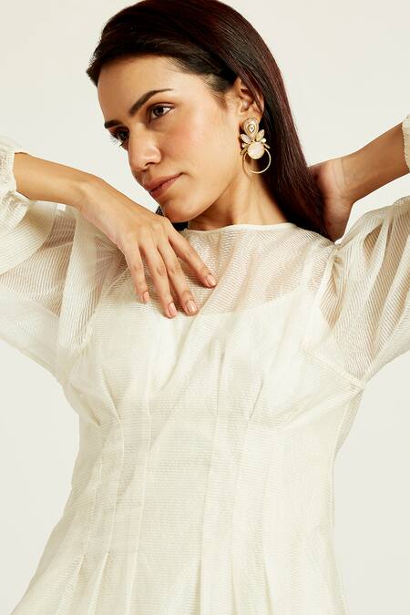 Madder Much Gold Chanderi Silk, Cotton Round Vettri Soft Cloud Top With Peeking Sun Trouser at Aza Fashions Madder Much_Gold Chanderi Silk, Cotton Round Vettri Soft Cloud Top With Peeking Sun Trouser _at_Aza_Fashions