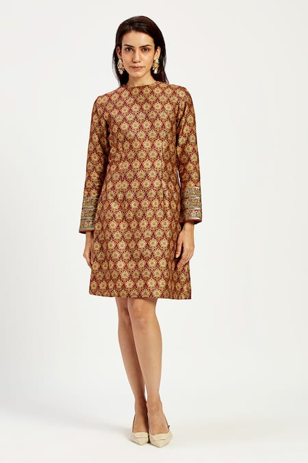 Madder Much_Multi Color Silk, Cotton Embroidery High Neck Zoi Handwoven Bow Tie Up Dress _Online_at_Aza_Fashions