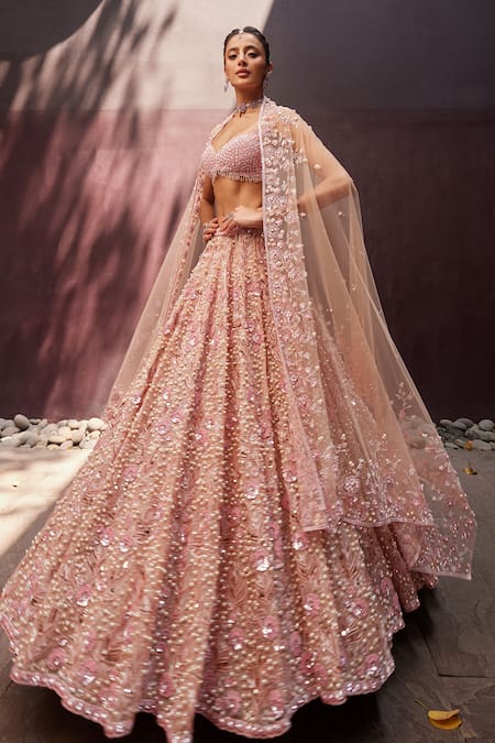 Prevasu_Pink Net, Organza, Silk Sequins, Beads, Charis Embroidered Bridal Lehenga Set _Online_at_Aza_Fashions