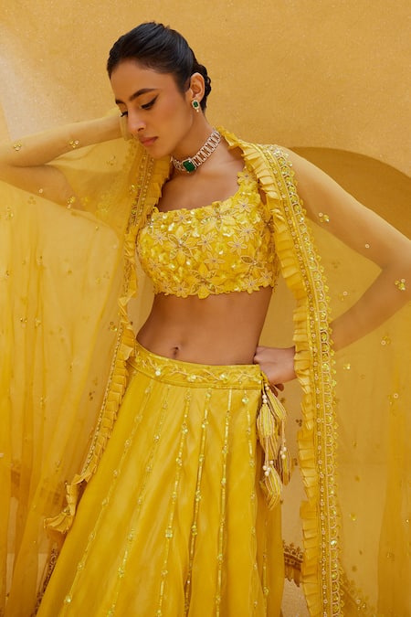 Prevasu Yellow Net, Organza, Silk Sequins, Daffodils Floral Embroidered Lehenga Set Online at Aza Fashions Prevasu_Yellow Net, Organza, Silk Sequins, Daffodils Floral Embroidered Lehenga Set _Online_at_Aza_Fashions