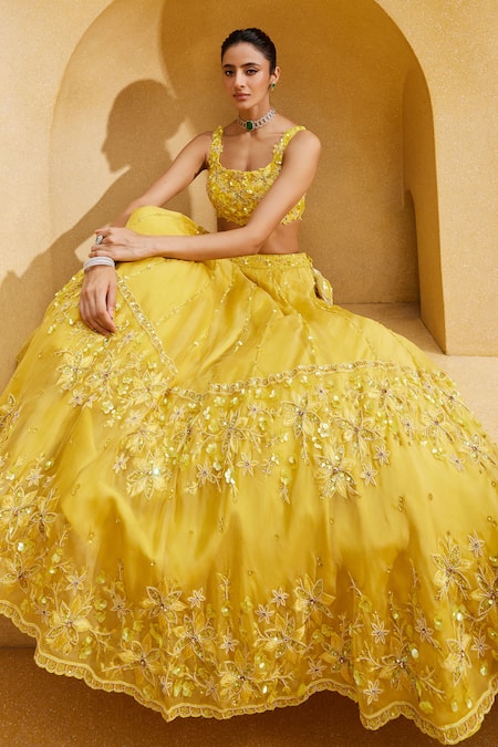 Buy Prevasu Yellow Net, Organza, Silk Sequins, Daffodils Floral Embroidered Lehenga Set Online at Aza Fashions Buy_Prevasu_Yellow Net, Organza, Silk Sequins, Daffodils Floral Embroidered Lehenga Set _Online_at_Aza_Fashions