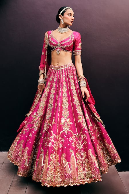 Prevasu Pink Blouse And Lehenga Silk Embroidered Sequin Leaf Forever After Bridal Set 