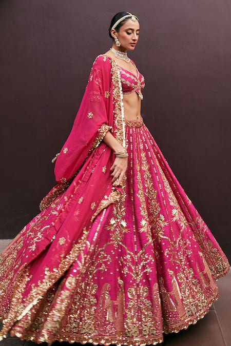 Prevasu_Pink Silk, Georgette Sequins, Forever After Embroidered Bridal Lehenga Set _Online_at_Aza_Fashions