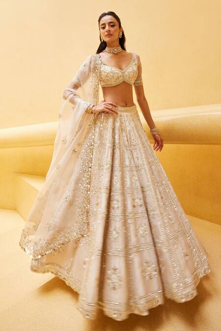 Prevasu Off White Net, Organza, Silk Sequins, Beads, Deewani Bridal Lehenga Set Online at Aza Fashions Prevasu_Off White Net, Organza, Silk Sequins, Beads, Deewani Bridal Lehenga Set _Online_at_Aza_Fashions