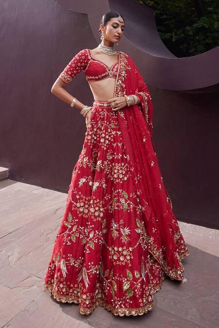 Prevasu_Red Silk, Georgette Sequins, Beads, Embroidery Lovebirds Bridal Lehenga Set _Online_at_Aza_Fashions