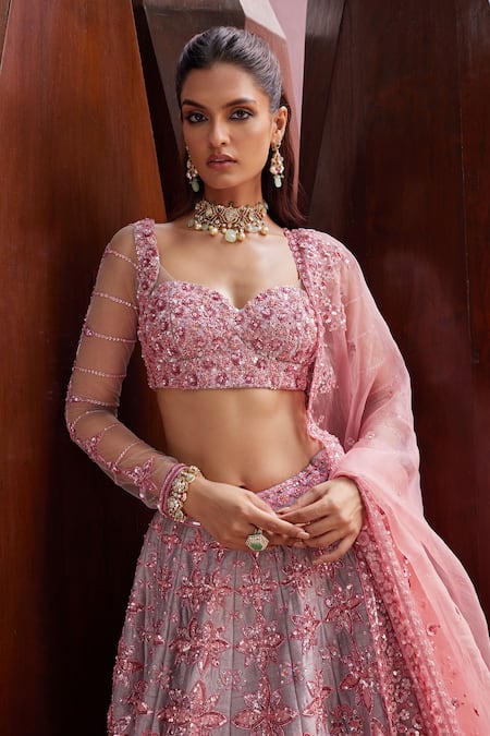Prevasu_Grey Silk, Organza, Net Sequins, Beads Madni Floral Embroidered Lehenga Set _Online_at_Aza_Fashions
