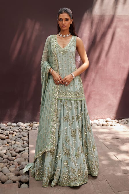 Prevasu Green Georgette Embroidered Sequin V-neck Floral Lehenga Kurta Set 