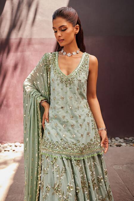 Prevasu_Green Georgette Sequins, Beads, Embroidery V-neck Floral Lehenga Kurta Set _Online_at_Aza_Fashions
