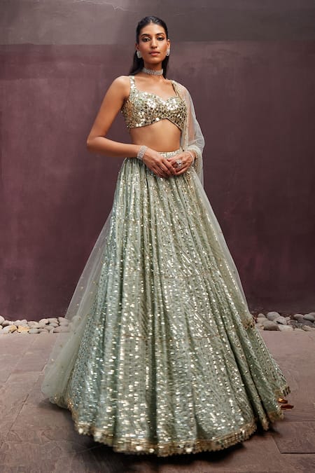 Prevasu Green Blouse And Dupatta Net Embroidered Sequin Leaf Laila Mirror Lehenga Set 