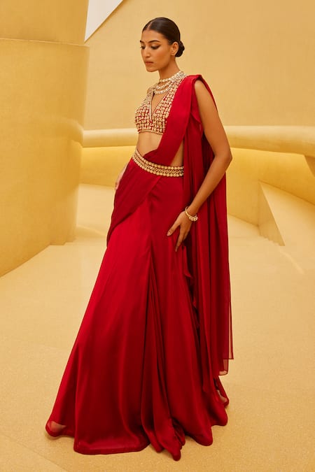 Prevasu Red Georgette Embroidered Sequin V-neck Pre-draped Saree Set 