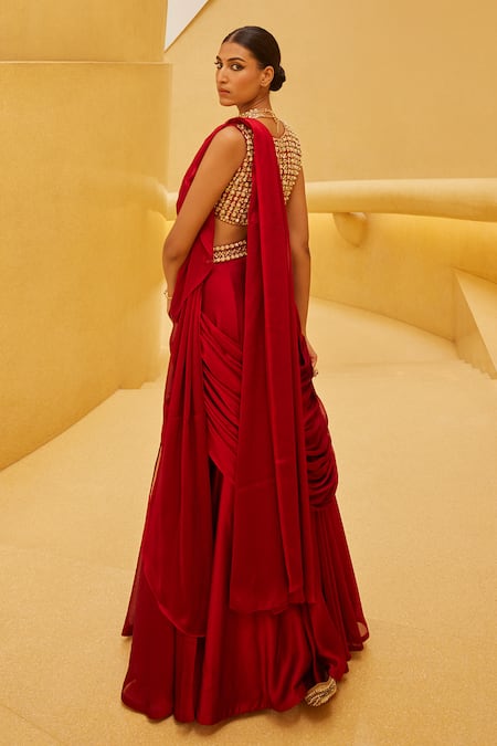 Prevasu Sequin Embroidered Pre-Draped Saree Set 