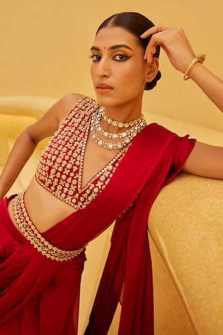 Prevasu_Red Georgette Sequins, Embroidery V-neck Pre-draped Saree Set _Online_at_Aza_Fashions