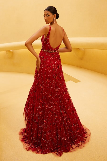 Prevasu Sequin Floral Embroidered Gown 