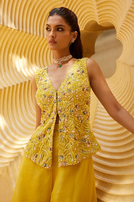 Prevasu_Yellow Organza, Net Pearls, Floral Embroidered Divided Skirt With Jacket _Online_at_Aza_Fashions