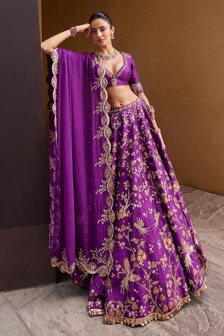 Prevasu Purple Lehenga And Blouse Silk Embroidered Sequin Plunge Imperial Fauna Set 